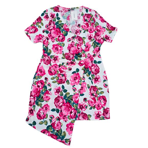 Bright Pink Floral Dress BloomChic Plus Size 22   Vneck Faux Wrap Stretch White - Picture 8 of 8